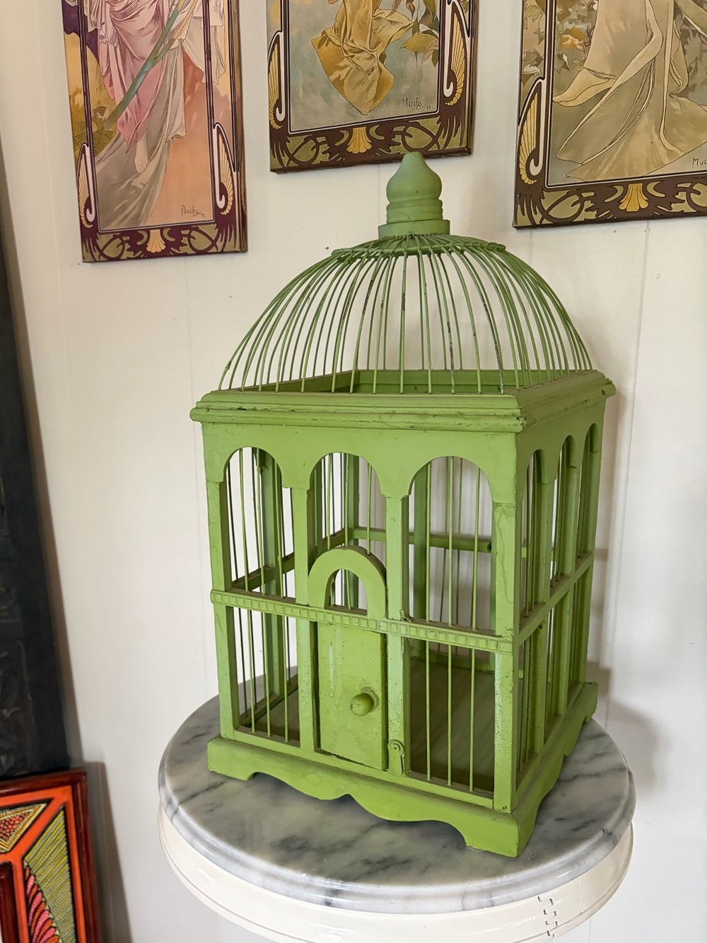 Vintage Green Wood Metal Bird Cage Decorative Boho Cottagecore Farmhouse Decor